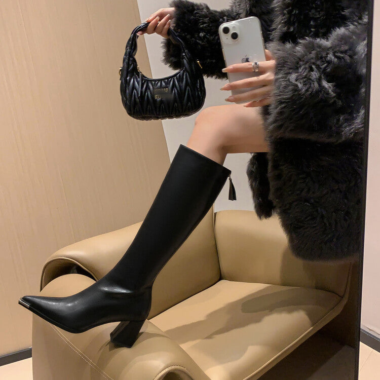 Karin Luna In Stock  In Stock Elegant Metal Pointed Toe Chunky Heel Full Cowhide Leather Riding Boots