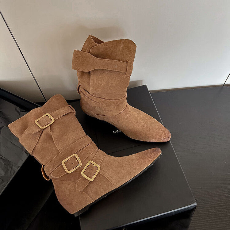 Karin Luna Cow Leather Small Square Toe Belt Buckle Fashion Boots