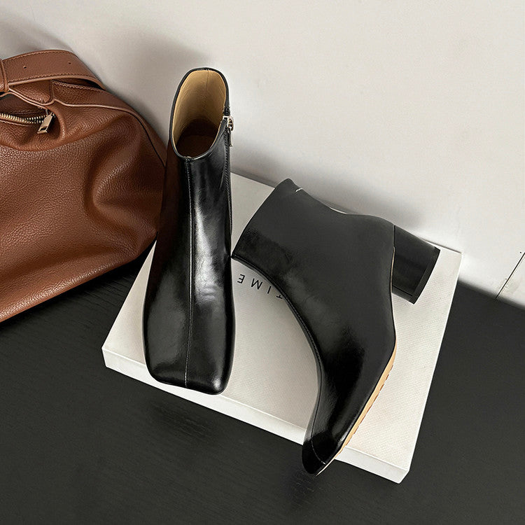 Karin Luna French Style Square Toe Chunky Heel Ankle Boots