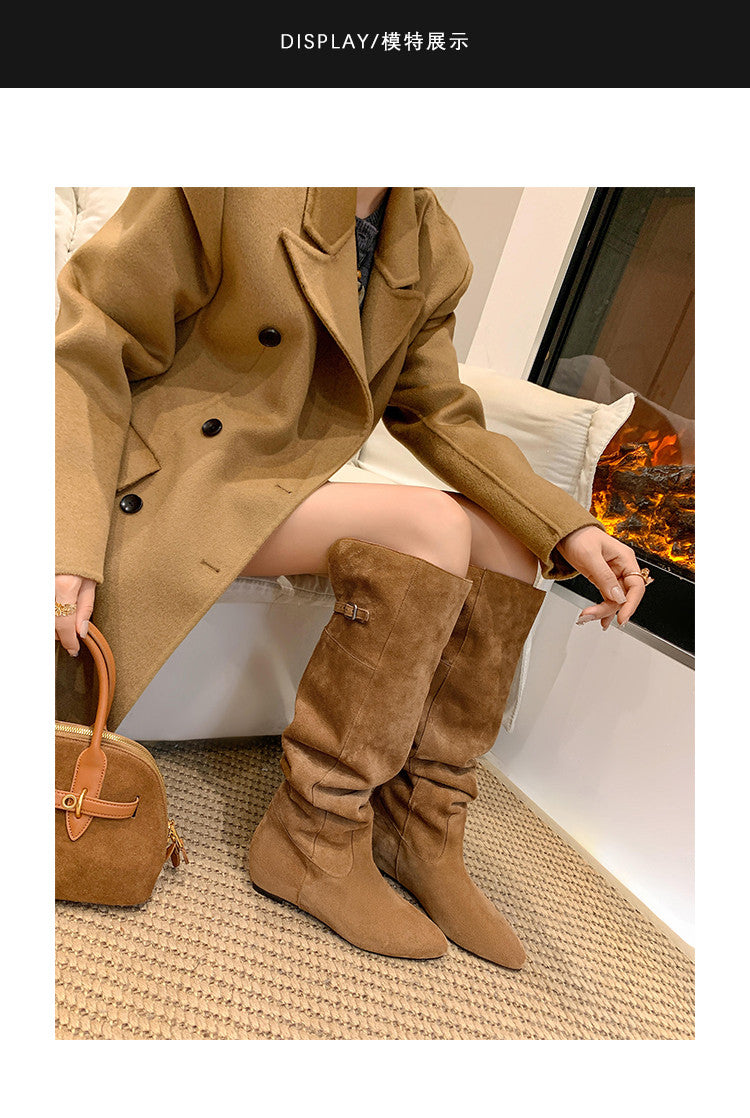 Karin Luna In Stock Spot Goods Vintage Cowhide Leather Two-Way Wear Pointed Toe Height-Increasing Long Boots