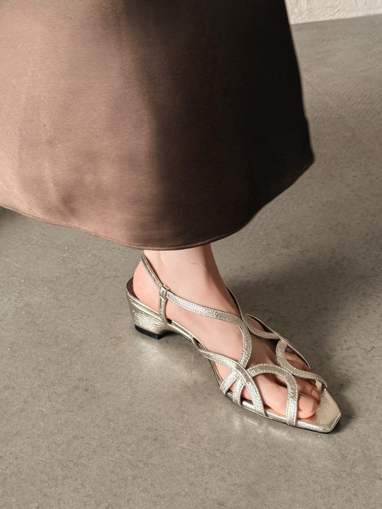 Karin Luna French Hollow Style Small Square Toe Chunky Heel Sandals
