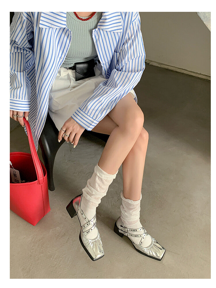 Karin Luna In Stock Spot Goods First Layer Sheepskin Cross Strap Rivet Square Toe Mary Jane Sandals