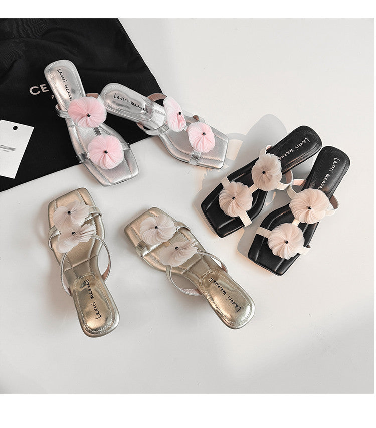 Karin Luna Hot-Selling Floral Square Toe Irregular Heel Floral Slippers
