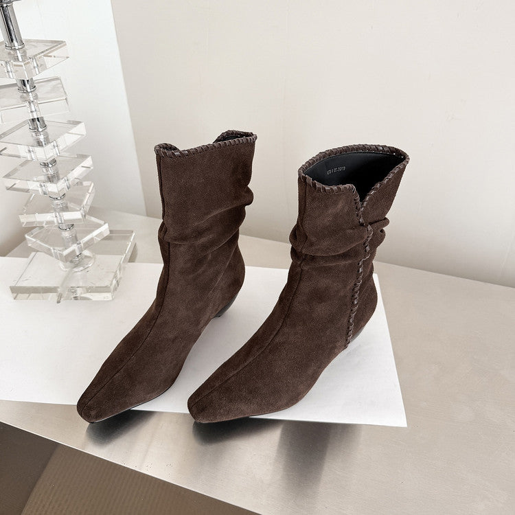 Karin Luna Small Square Toe Retro Ruched Pile Short Boots