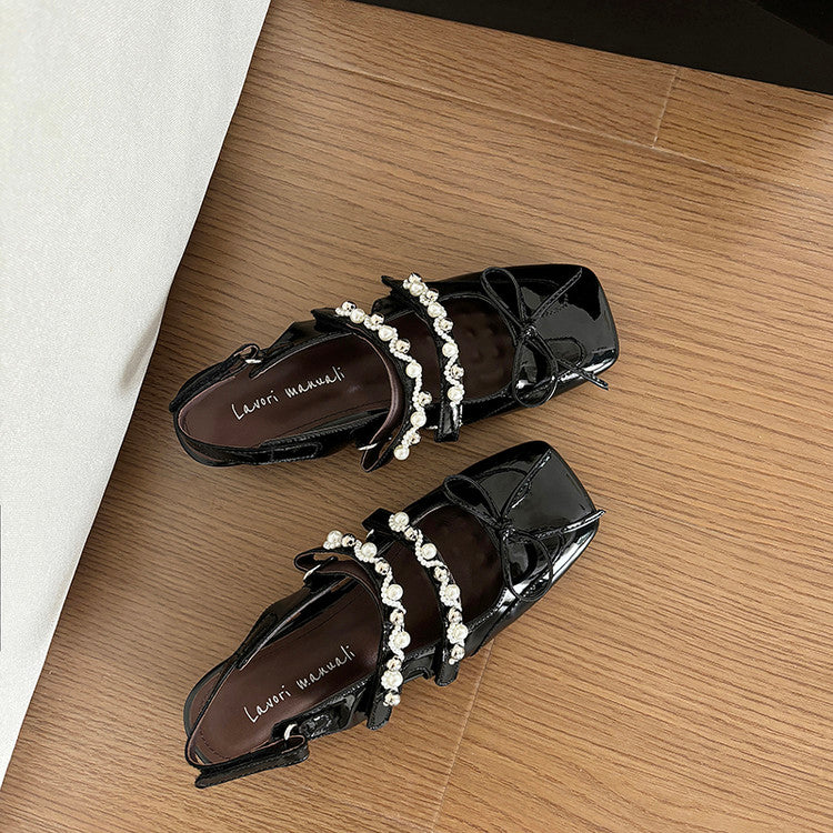Karin Luna In Stock In Stock  Square Toe Bowknot Pearl Strap Closed-Toe Sandals