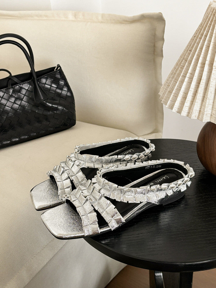 Karin Luna In Stock   Spot Goods  Niche Design Square-Toed Pleated Flat Slippers