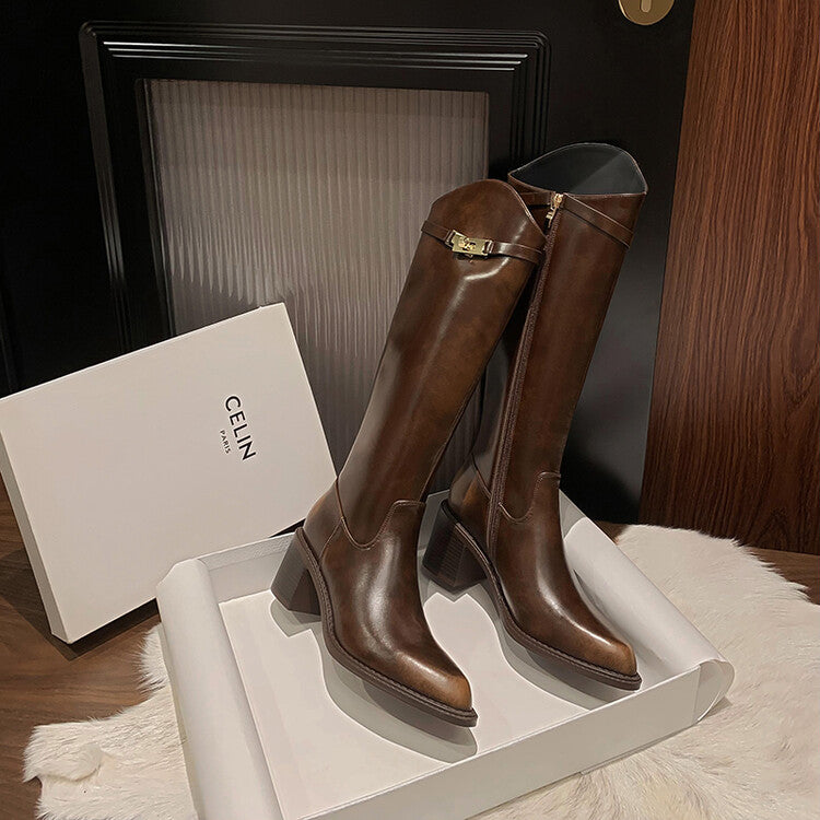 Karin Luna Hot-Selling Fasteners Sold as soon as listed Comes with data plan included Pointed Toe Chunky Heel Classic Full Cowhide Leather Riding Boots