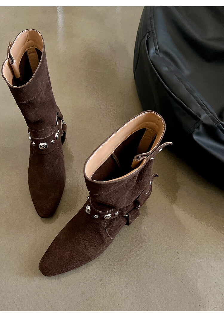 Karin Luna has prepared stock  Hot-Selling Retro Pointed Toe Wedge Metal Buckle High Tube Western Boots
