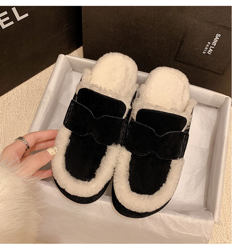 Karin Luna In Stock Look~This is such thick lamb wool Winter Atmosphere！Cowhide Leather Lamb Wool Round Toe Flat Sole Half Support！