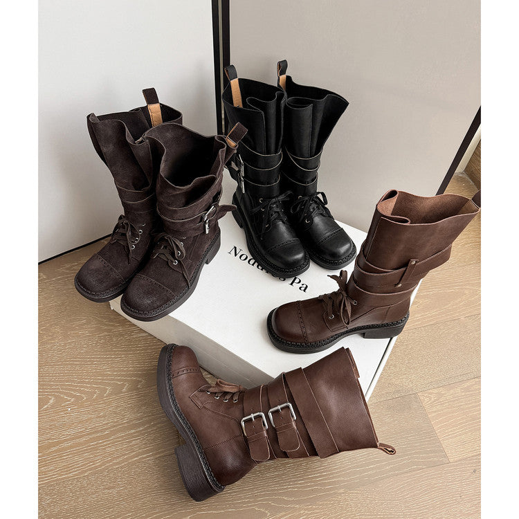 Karin Luna Bestseller Hot-Selling Large Tube Leather Belt Buckle Round Toe Thick-Soled Short Boots