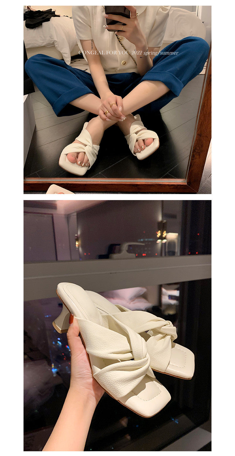 Karin Luna In Stock In Stock  Comfortable Cross Strap  Airy High Heel Square Toe Slippers