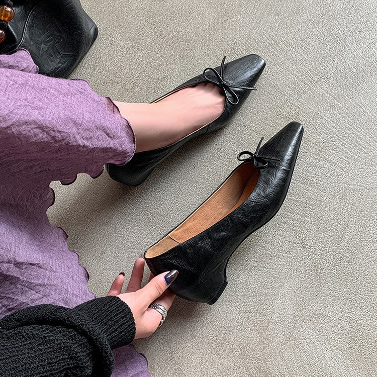 Karin Luna Full Layer Inside and Out~Basic Versatile Small Square Toe Butterfly Knot Irregular Heel Single Shoes