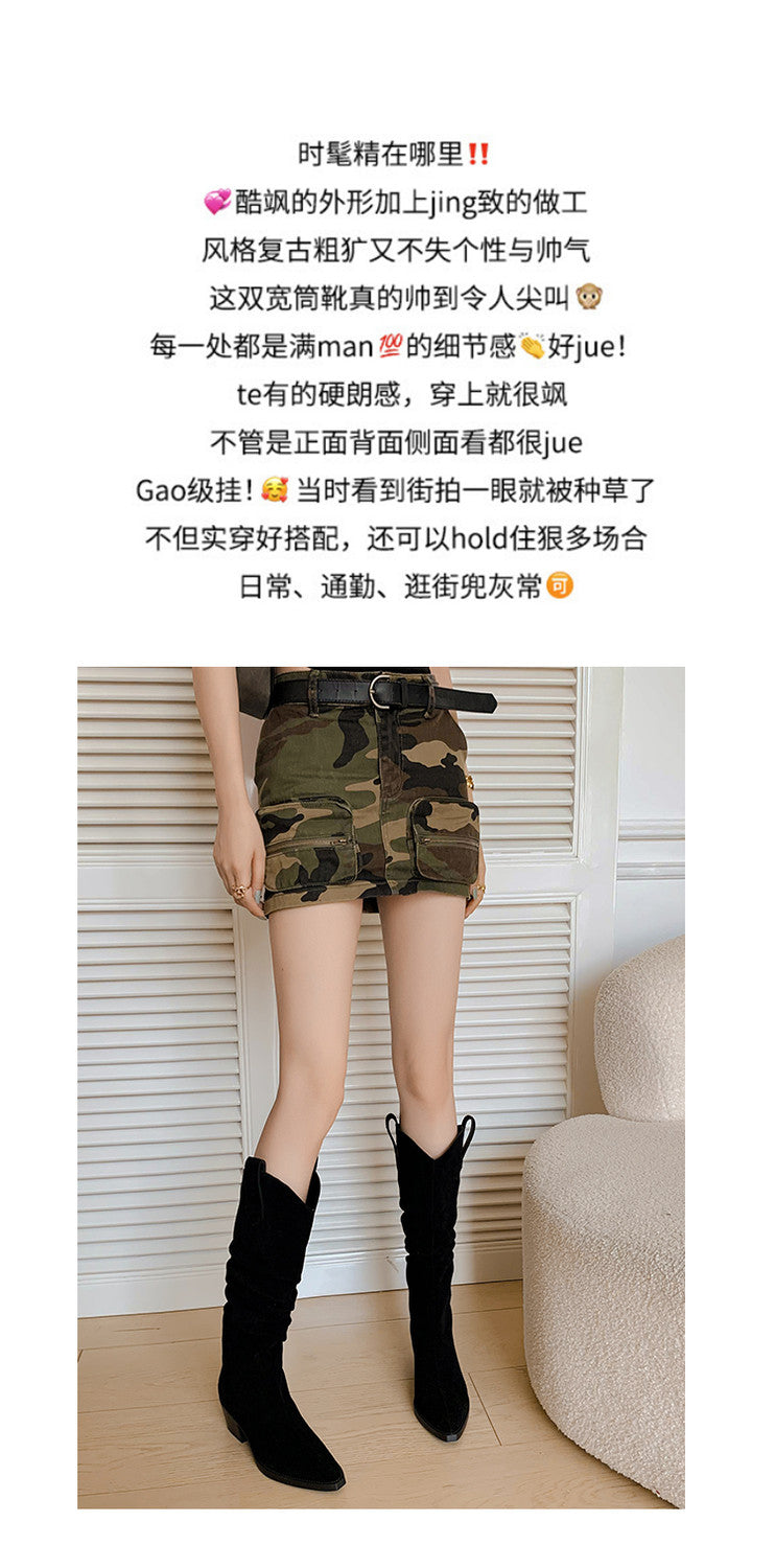 Karin Luna Elegant Style  Pointed Toe Wrinkled Wide Western Boots