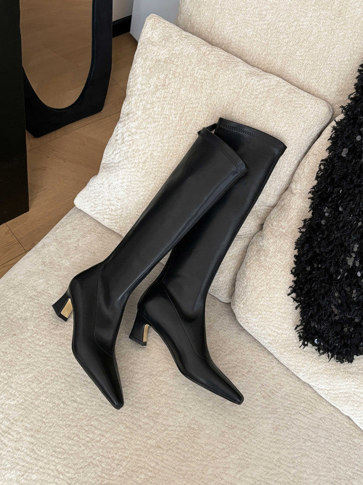 Karin Luna In Stock In Stock  Square Toe Chunky Heel Korean Style Elegant Long Boots