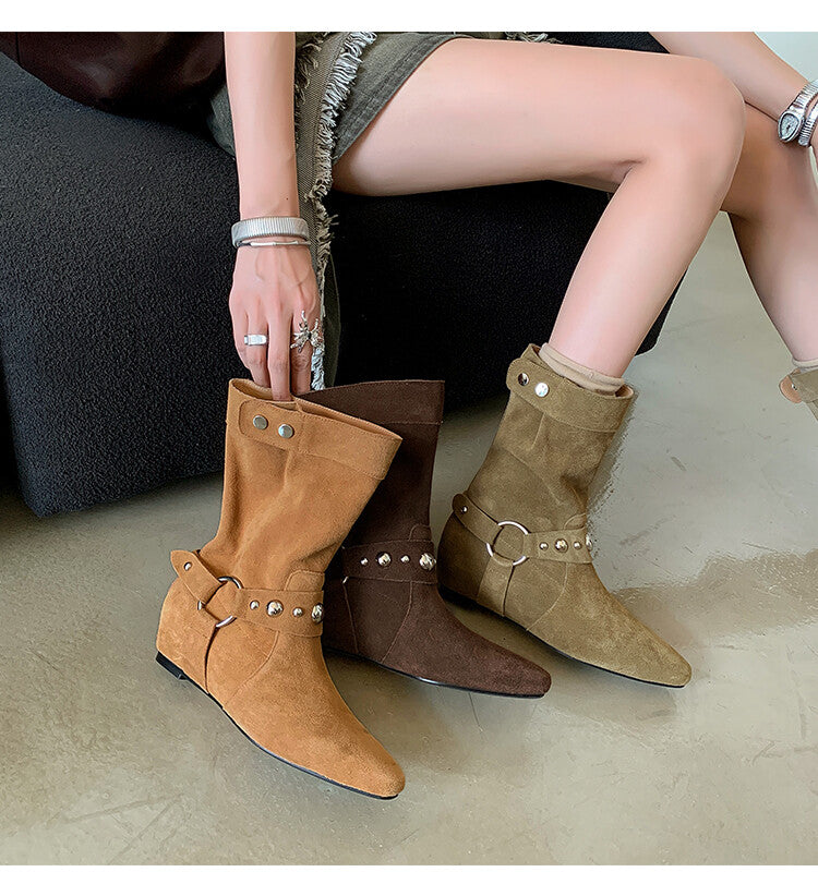 Karin Luna has prepared stock  Hot-Selling Retro Pointed Toe Wedge Metal Buckle High Tube Western Boots