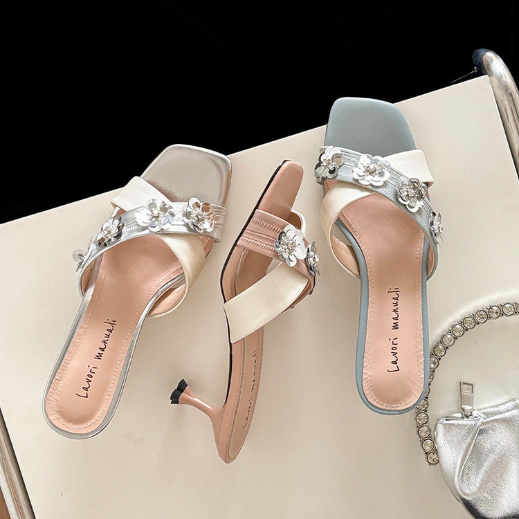 Karin Luna In Stock Spot Goods  Sequin Floral Cross Strap Square Toe Stiletto Slippers