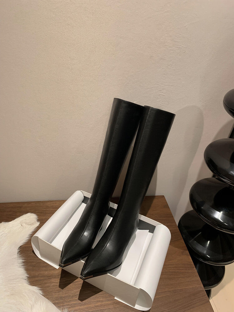 Karin Luna In Stock  In Stock Elegant Metal Pointed Toe Chunky Heel Full Cowhide Leather Riding Boots