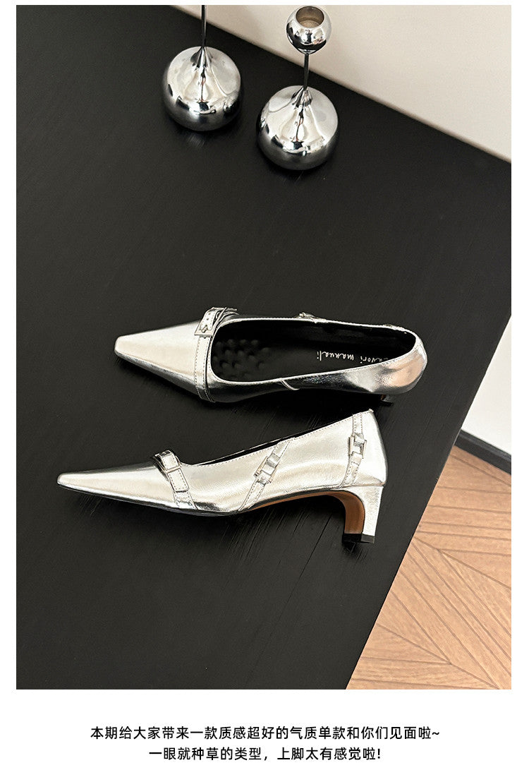 Karin Luna In Stock In Stock Retro Belt Buckle Small Square Toe Chunky Heel Single Shoes