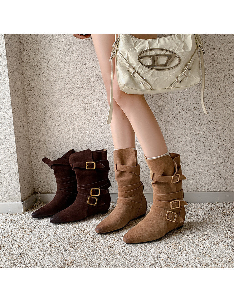 Karin Luna Cow Leather Small Square Toe Belt Buckle Fashion Boots