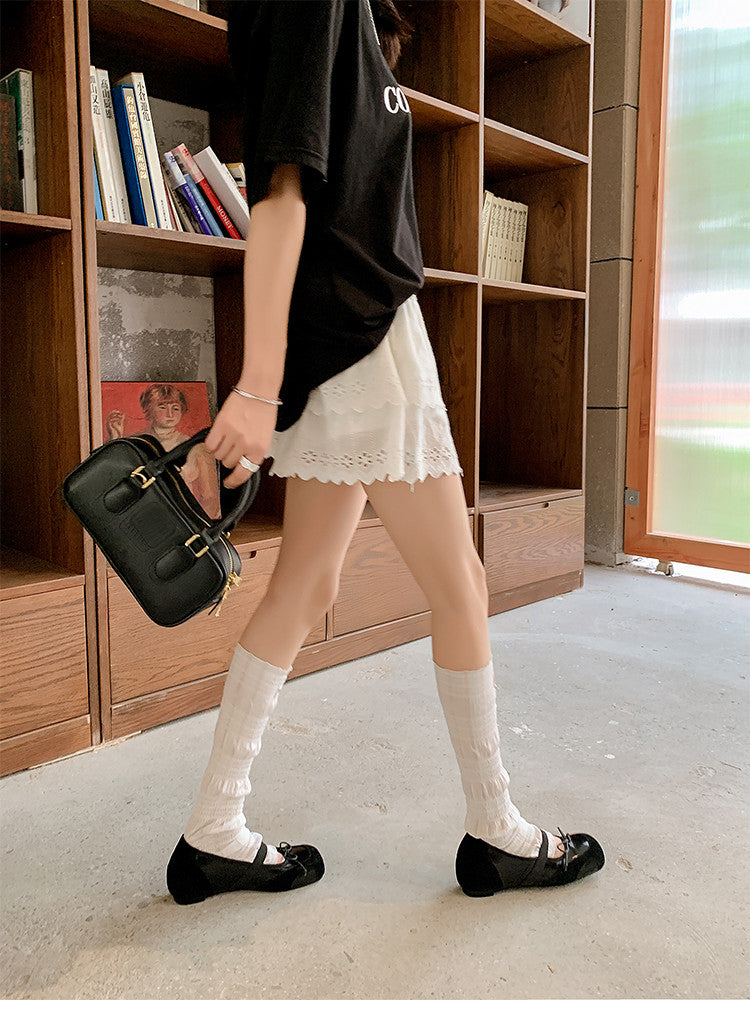 Karin Luna In Stock Spot Goods    Color Block Cowhide Leather Square Toe Slip-On Height Increasing Bowknot Flats