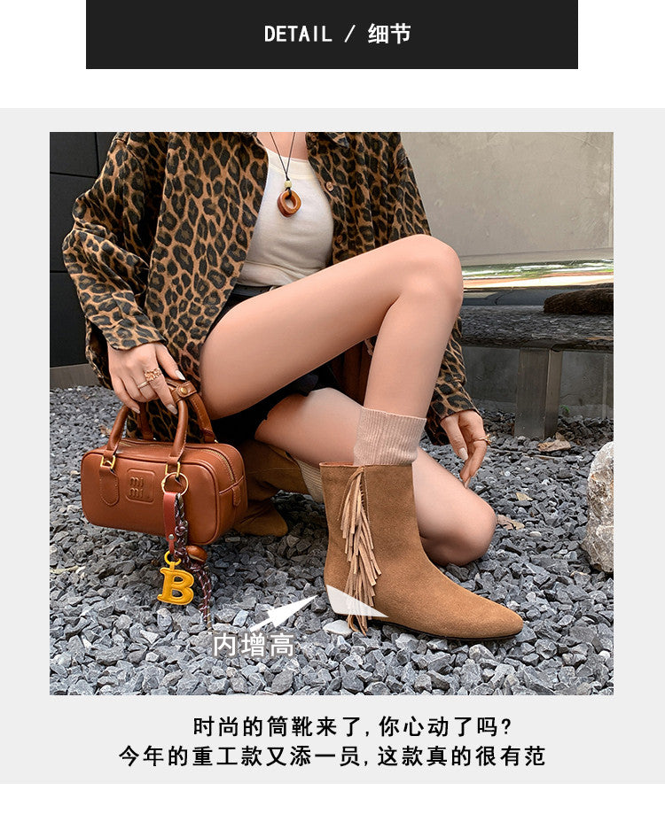 Karin Luna In Stock Spot Goods Tassel Square Toe Hidden Wedge Short Boots