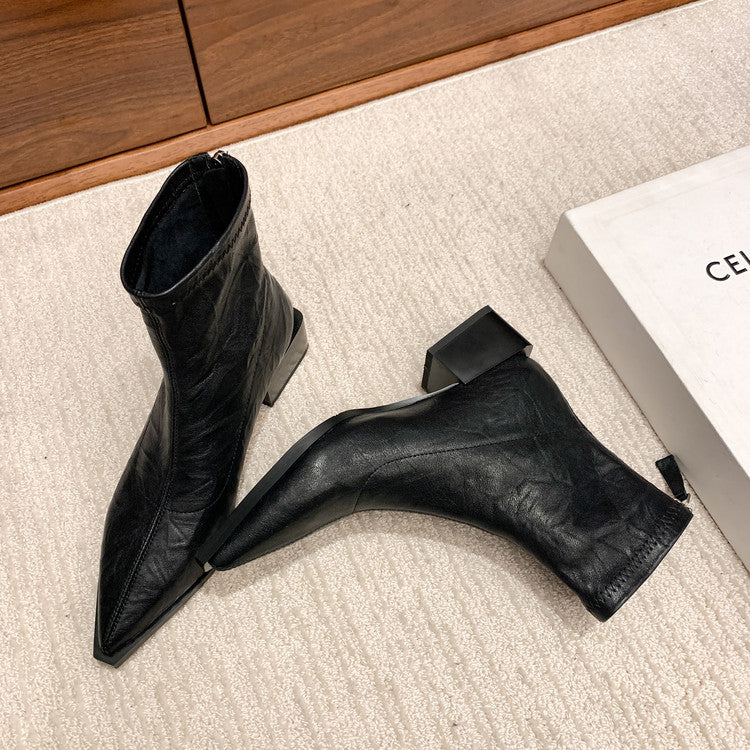 Karin Luna Elegant Style Pointed Toe Chunky Heel Short Boots