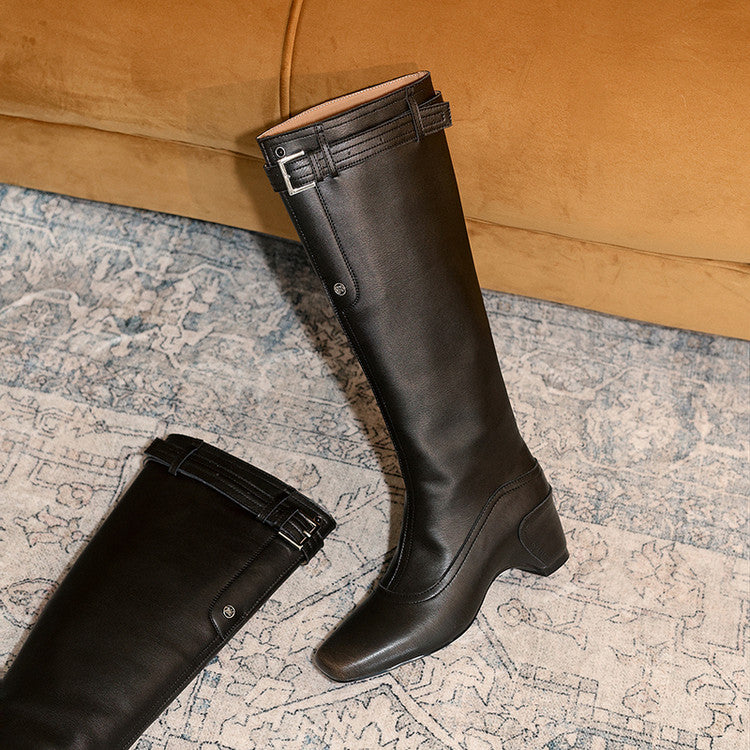 Karin Luna Belt Buckle Elegant Chunky Heel Suede Western Boots