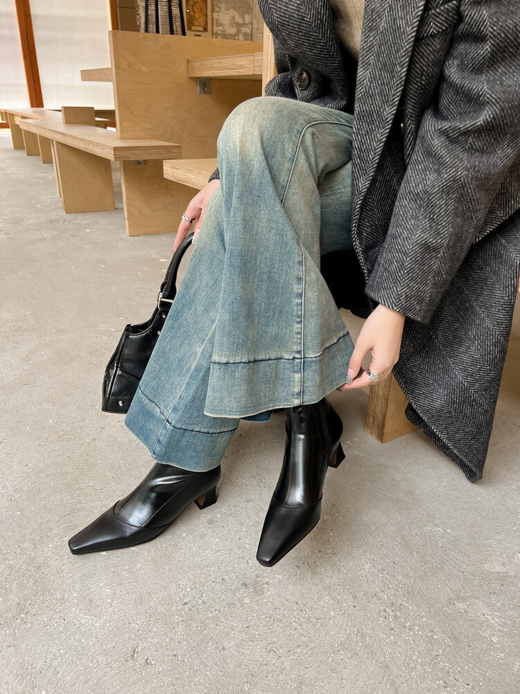 Karin Luna Elegant Small Square Toe Chunky Heel Slim Boots