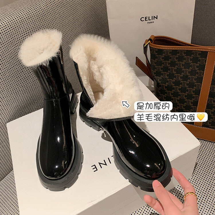 Karin Luna In Stock  Best-selling in stock Thickened Fleece Cow Patent Leather Hot-Selling Flat Short Boots