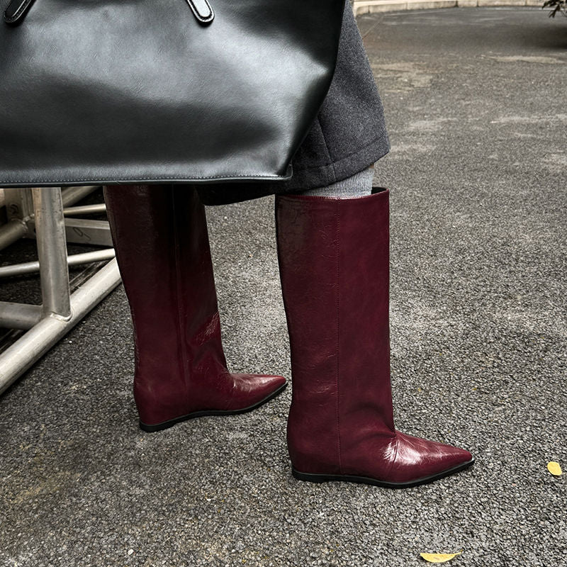 Karin Luna Elegant Style Pointed Toe Internal Height Increase Slip-On Long Boots