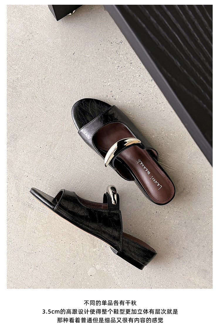 Karin Luna In Stock Spot Goods  Metal Buckle Round Toe Strap Slippers