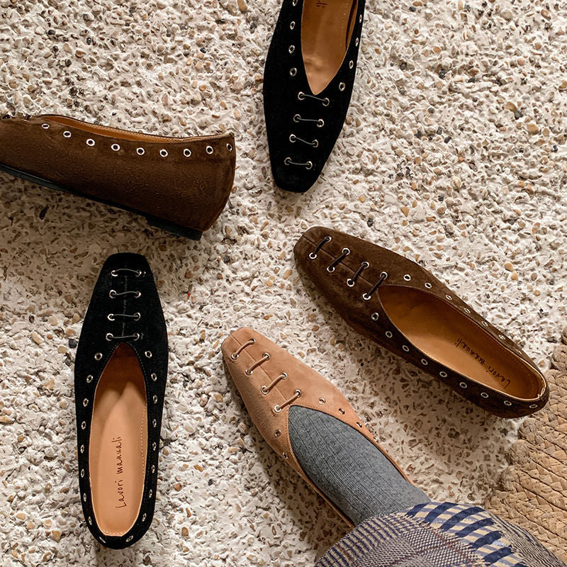 Karin Luna In Stock Spot Goods    Old Money Style Square Toe Suede Flats
