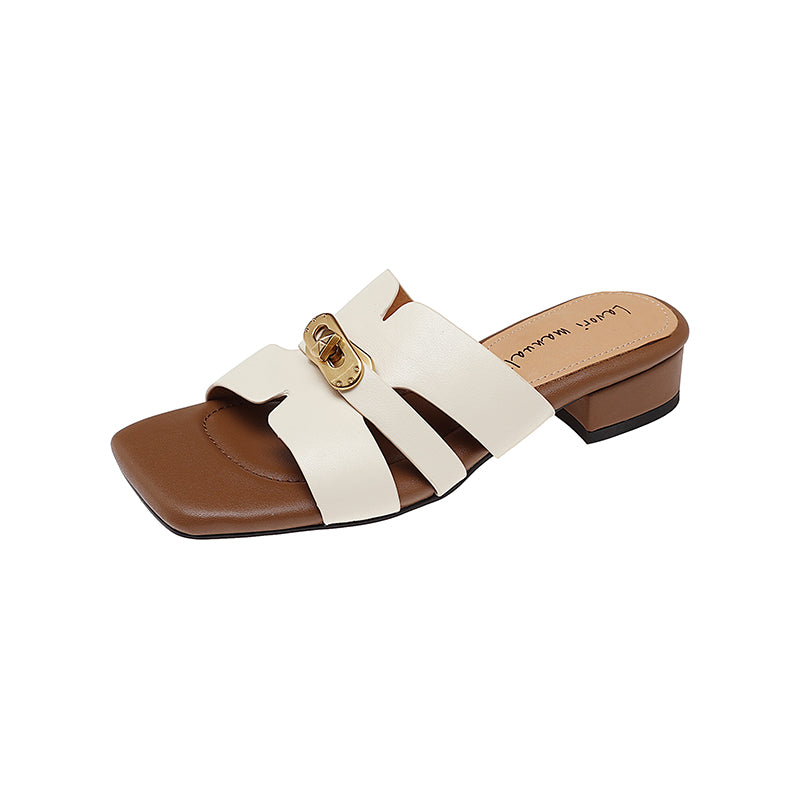 Karin Luna Comfortable Gold Buckle Square Toe Chunky Heel Casual Style Slippers