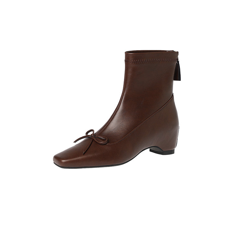Karin Luna French Style Square Toe Bowknot Hidden Wedge Slim Boots
