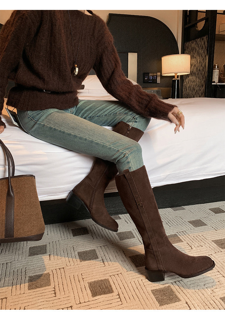 Karin Luna In Stock Spot Goods Basic Retro Square Toe Chunky Heel Riding Boots