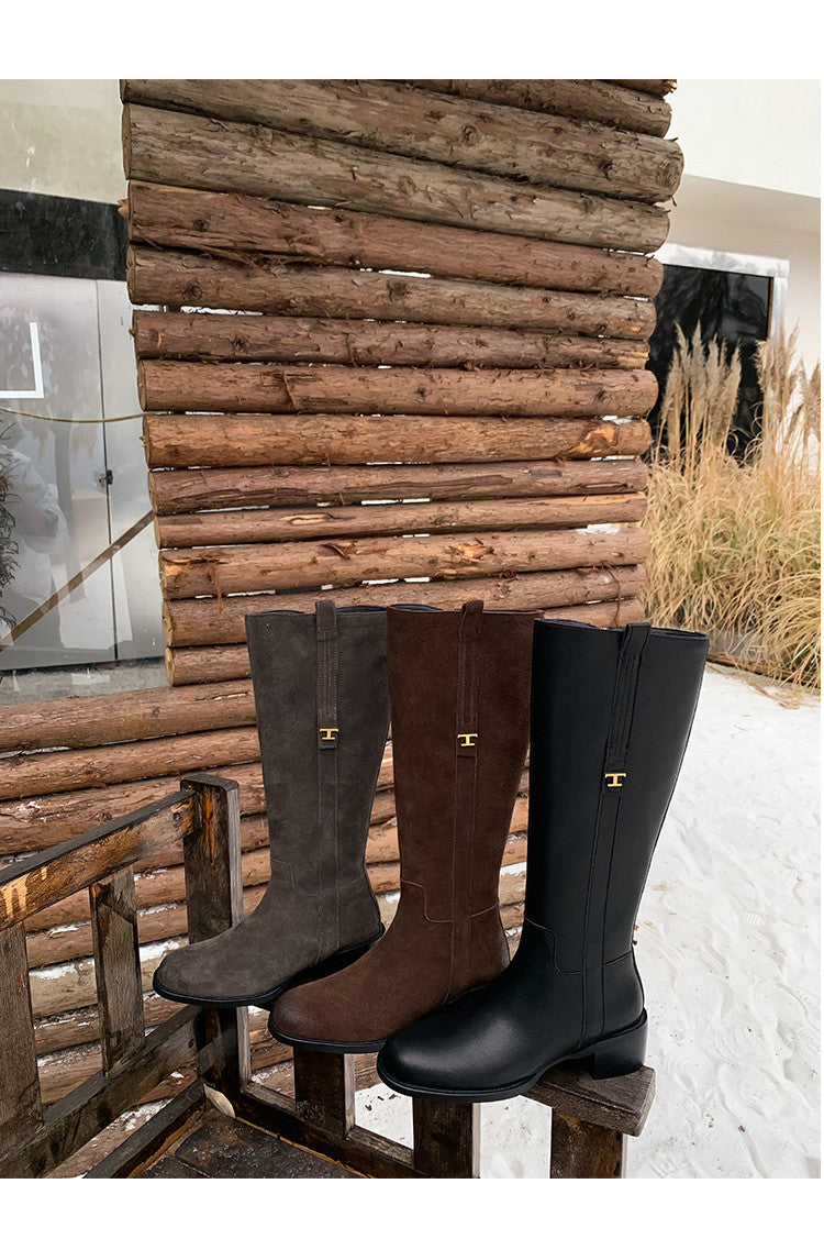 Karin Luna In Stock Spot Goods Basic Retro Square Toe Chunky Heel Riding Boots
