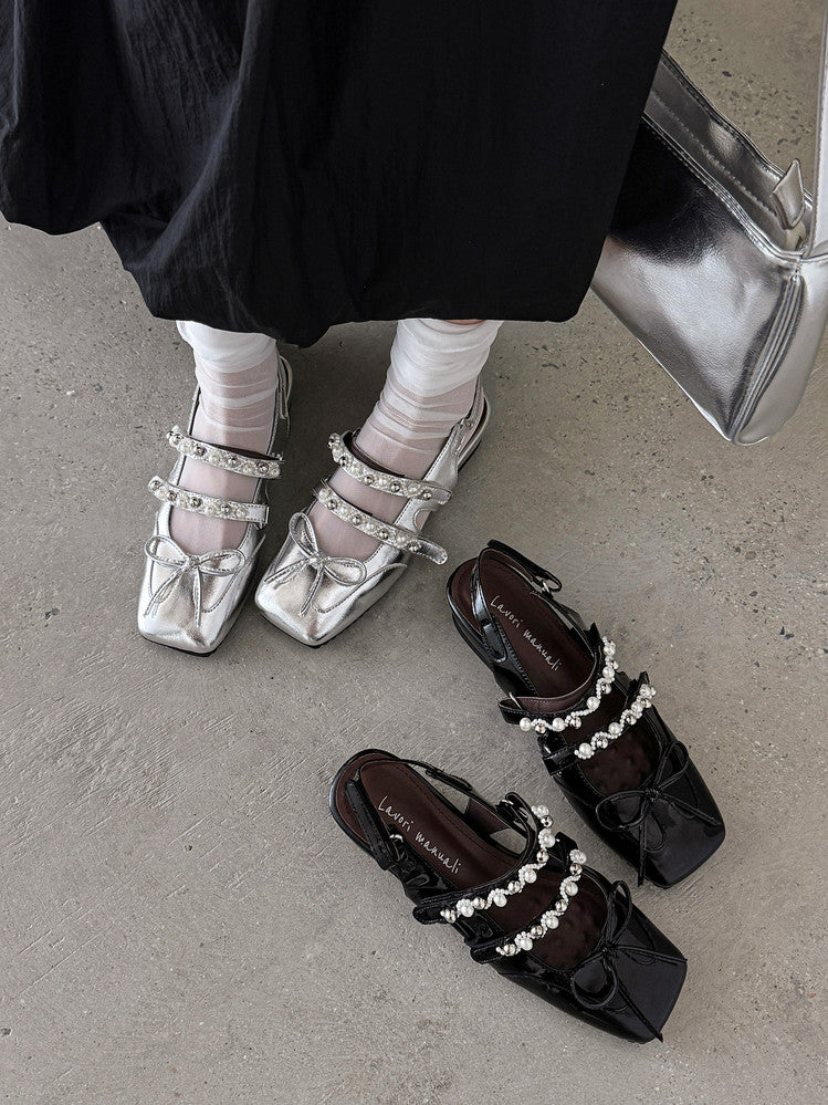 Karin Luna In Stock In Stock  Square Toe Bowknot Pearl Strap Closed-Toe Sandals