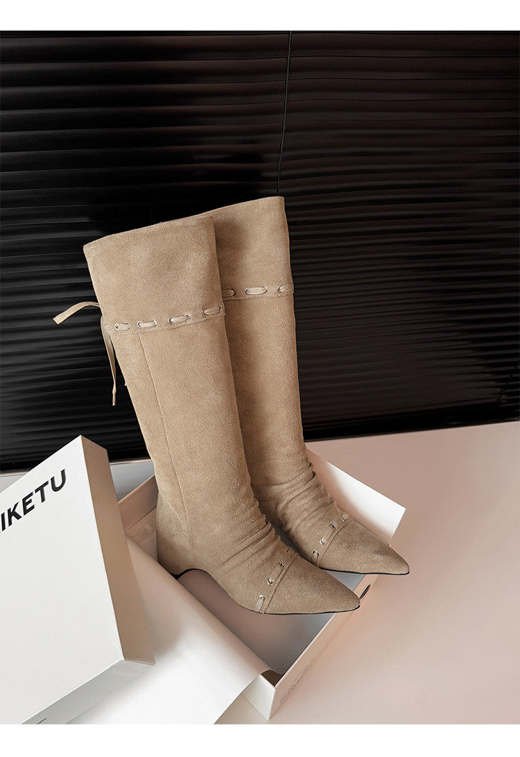 Karin Luna Elegant Style  Pointed Toe Pleated Hidden Wedge Western Boots