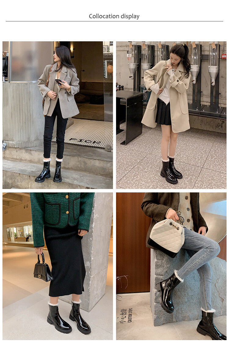 Karin Luna In Stock  Best-selling in stock Thickened Fleece Cow Patent Leather Hot-Selling Flat Short Boots