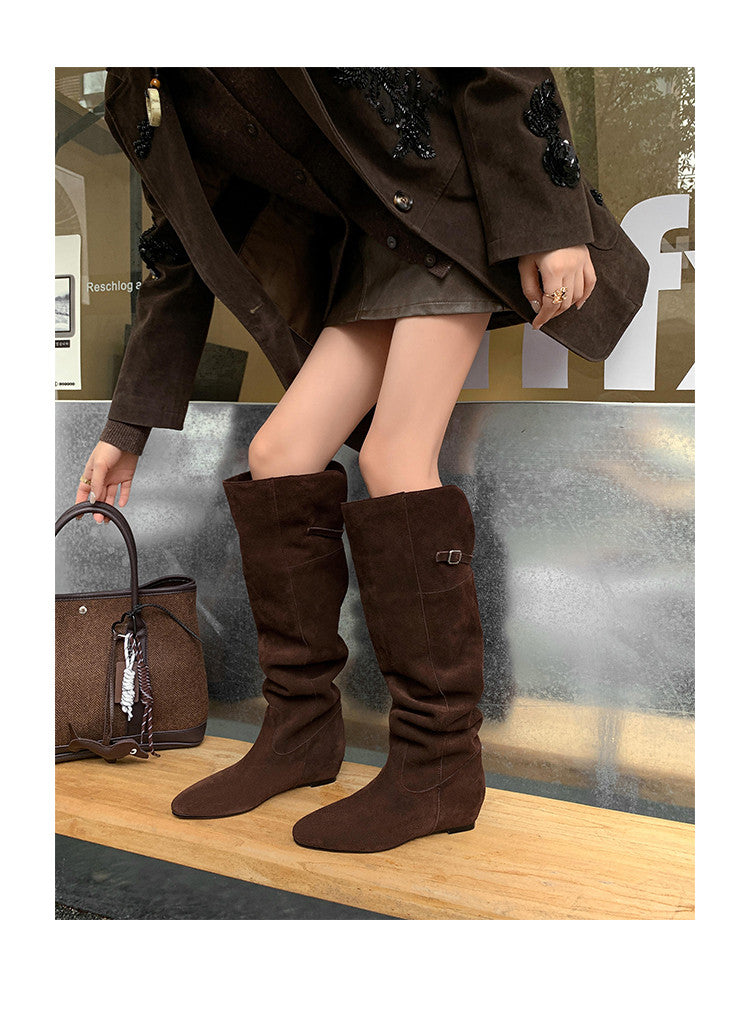 Karin Luna In Stock Spot Goods Vintage Cowhide Leather Two-Way Wear Pointed Toe Height-Increasing Long Boots