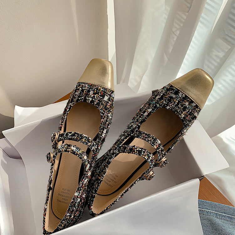 Karin Luna Classic Chanel Style~ Tweed Spring Limit Square Toe Chunky Heel Mary Jane Strap Single Shoes