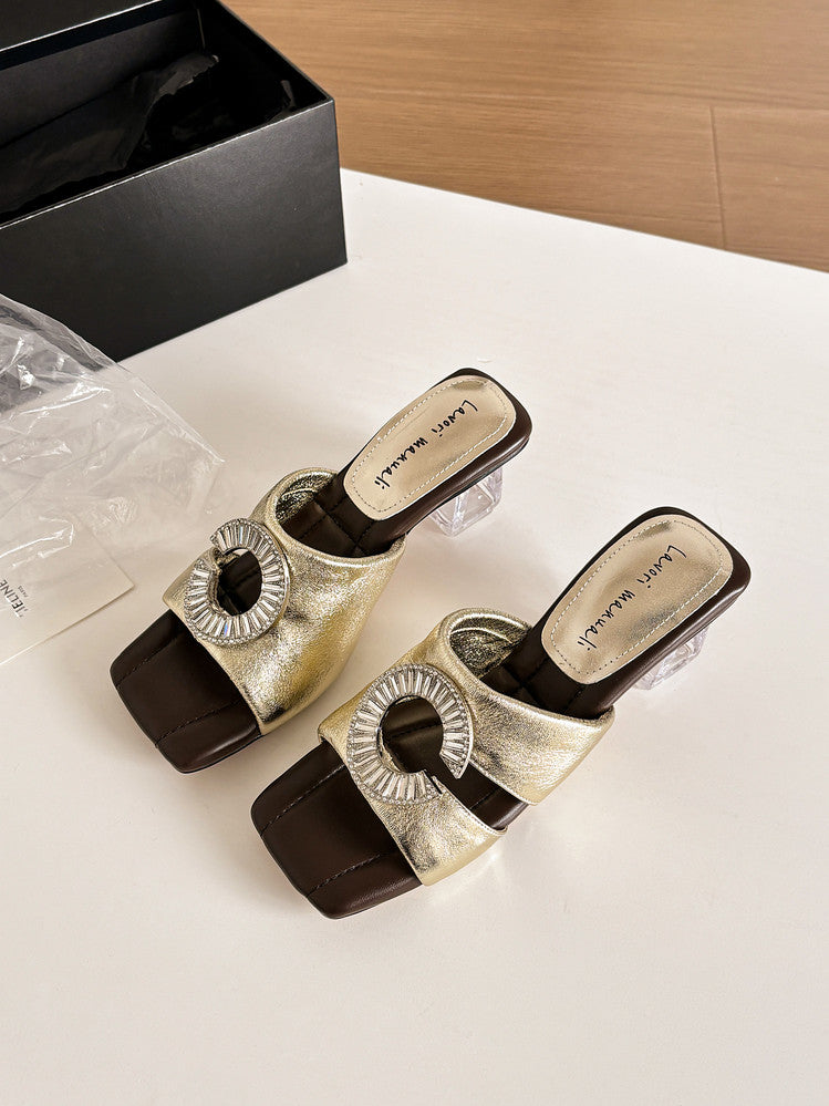 Karin Luna In Stock  Spot Goods  Large Rhinestone Square-Toed Crystal Heel Slippers