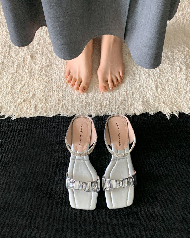 Karin Luna Bestseller Popular Rhinestone Ribbon Square Toe Slippers