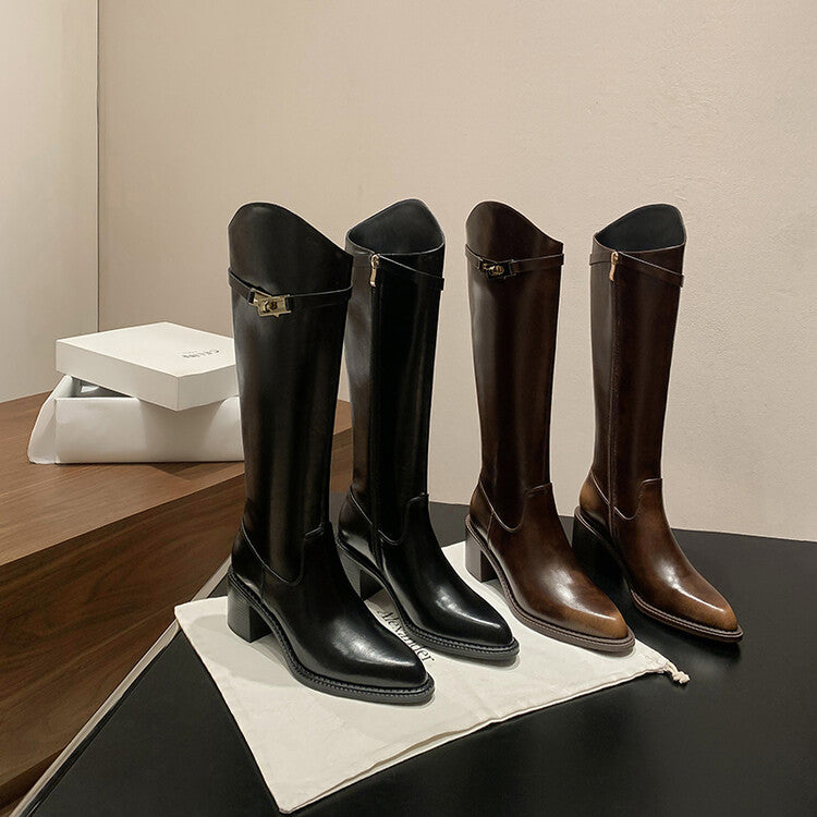 Karin Luna Hot-Selling Fasteners Sold as soon as listed Comes with data plan included Pointed Toe Chunky Heel Classic Full Cowhide Leather Riding Boots