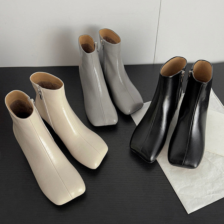 Karin Luna French Style Square Toe Chunky Heel Ankle Boots