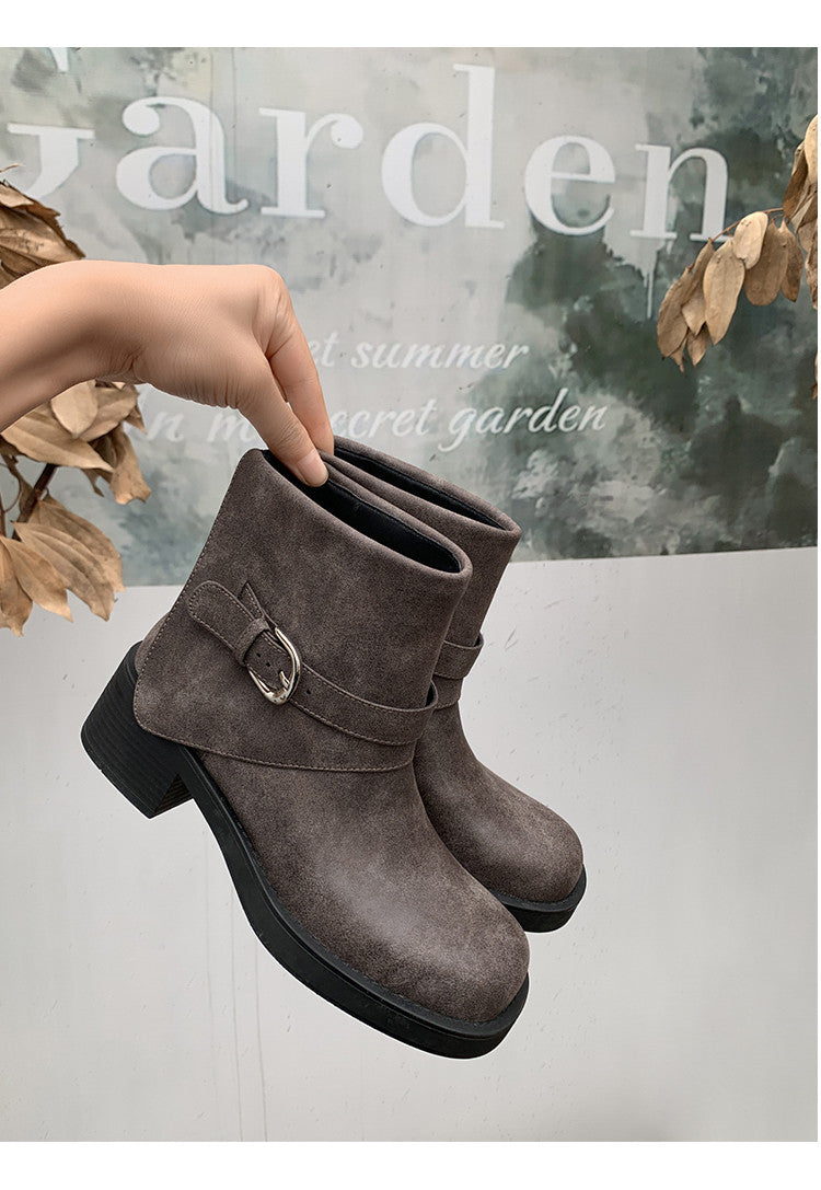 Karin Luna In Stock Spot Goods Versatile Basic Round Toe Belt Buckle Thick Sole Tube Boots