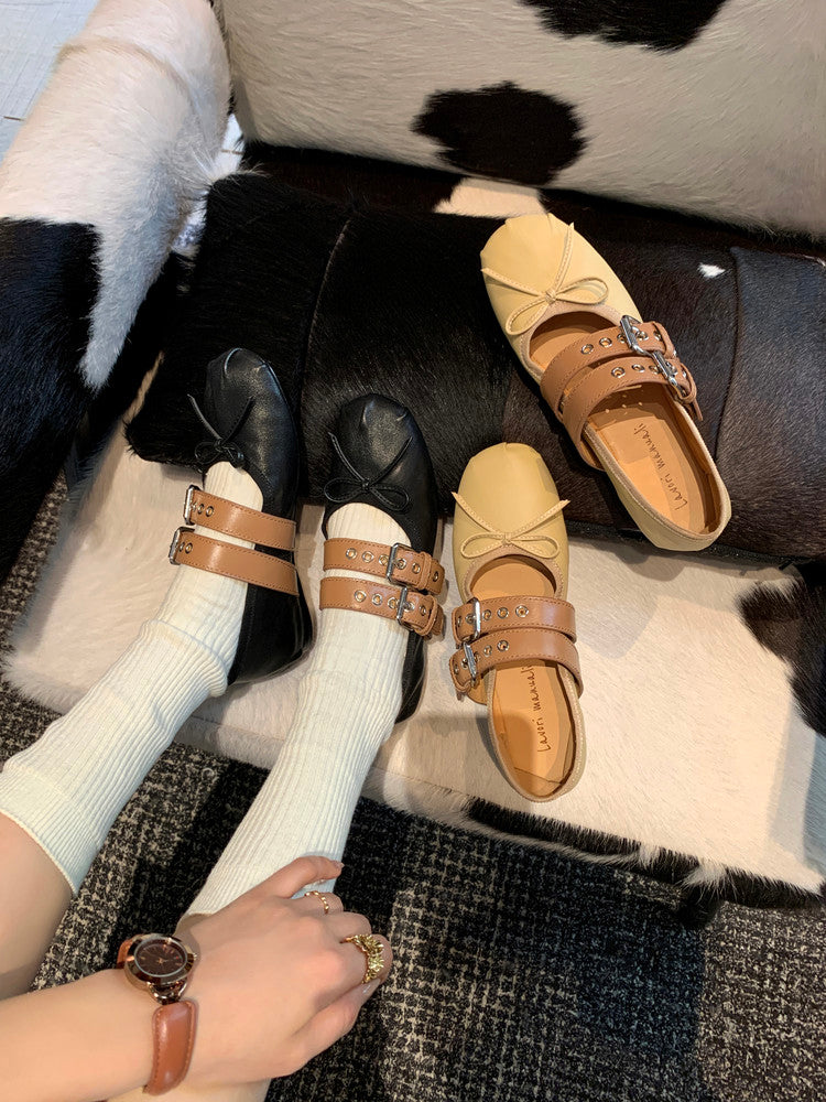 Karin Luna In Stock Spot Goods Minimalist Retro Round Toe Mary Jane Bowknot Height-Increasing Flats
