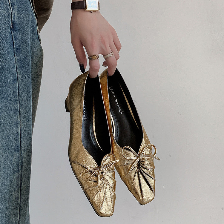 Karin Luna French Style Wrinkled Square Toe Height-Increasing Flats