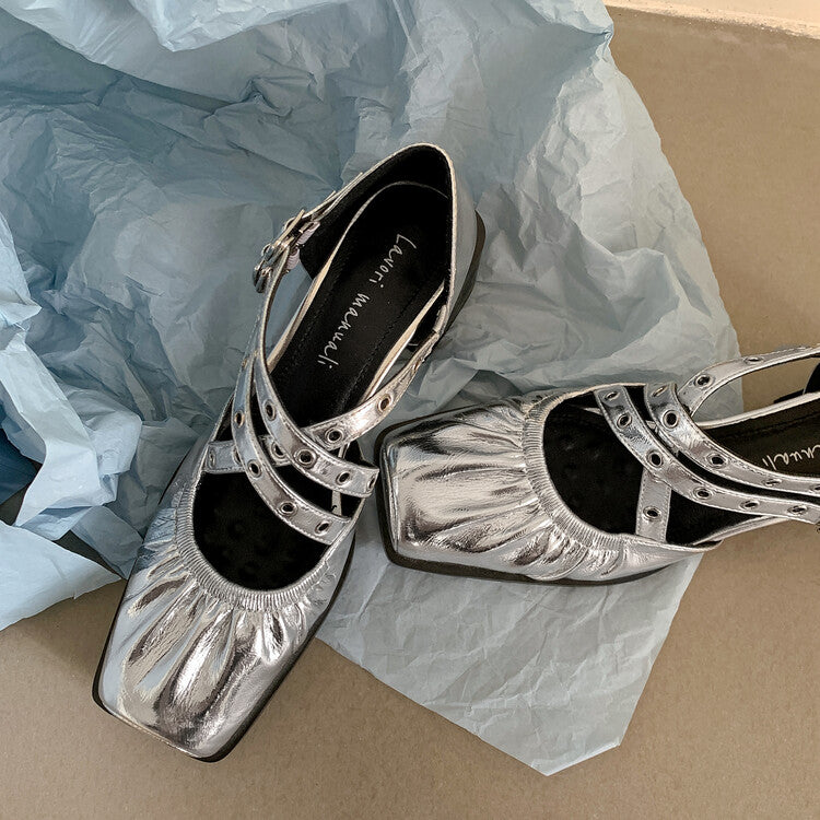 Karin Luna In Stock Spot Goods First Layer Sheepskin Cross Strap Rivet Square Toe Mary Jane Sandals