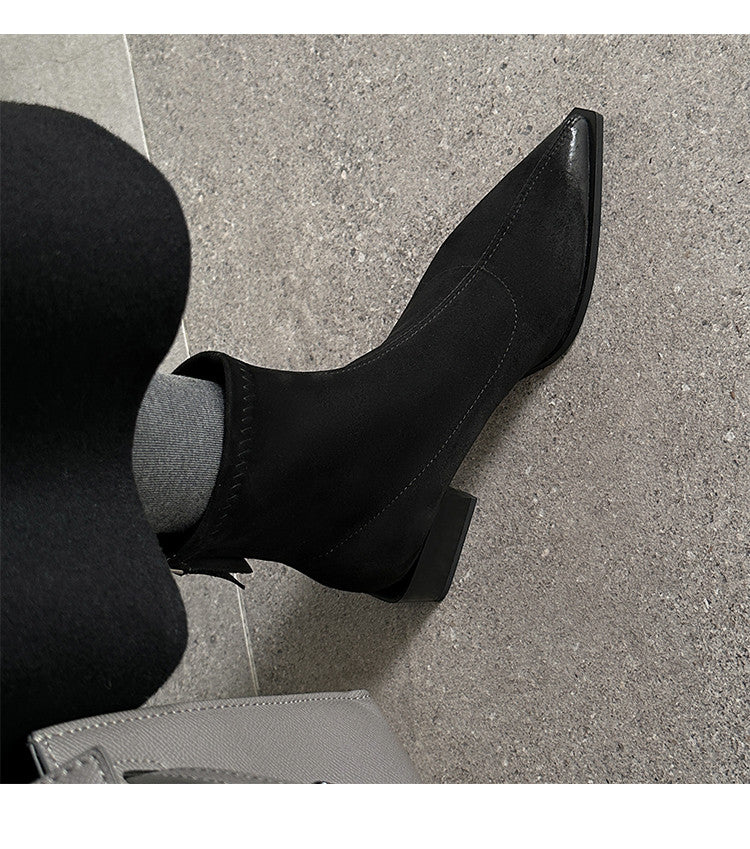 Karin Luna In Stock In Stock Elastic Slim Pointed Toe Chunky Heel Basic Ankle Boots